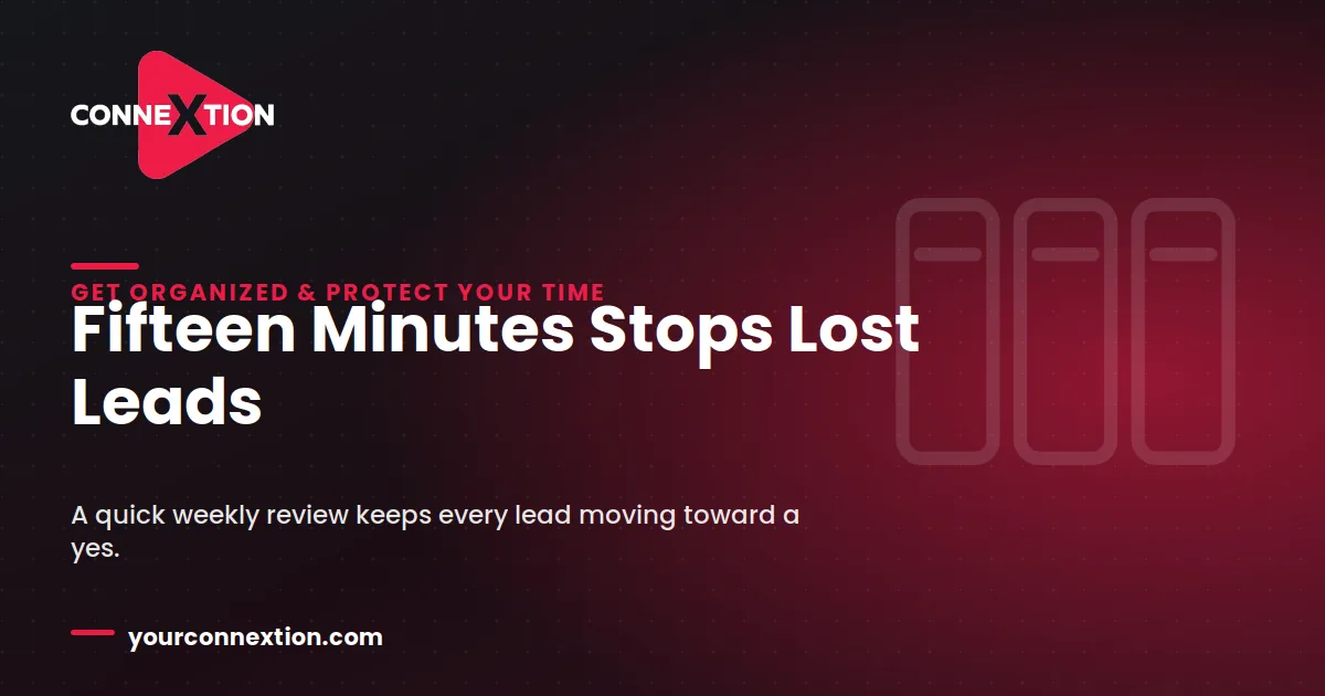 Connextion blog graphic with a task-board icon and the headline "Fifteen Minutes Stops Lost Leads" — on a 15-minute weekly pipeline review that stops lost leads.