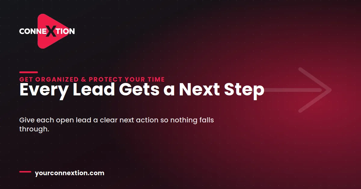 Connextion blog graphic with an arrow icon and the headline "Every Lead Gets a Next Step" — on giving every open lead a clear next action.