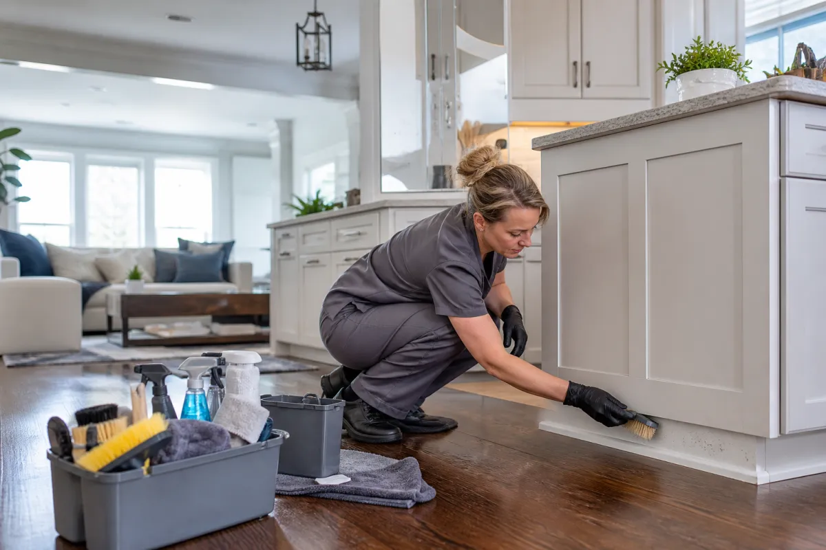 Caucasian professional cleaner performing detailed first-time deep cleaning in a home.