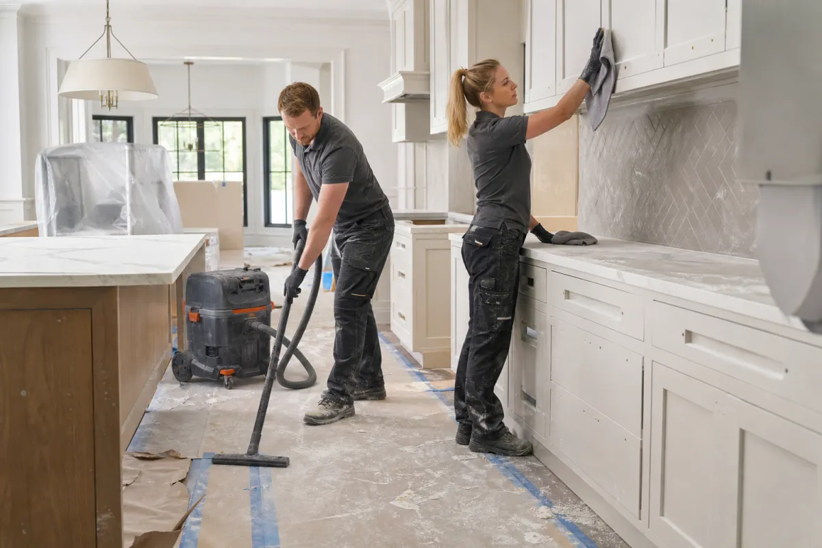 Caucasian professional cleaning team removing construction dust after a renovation.