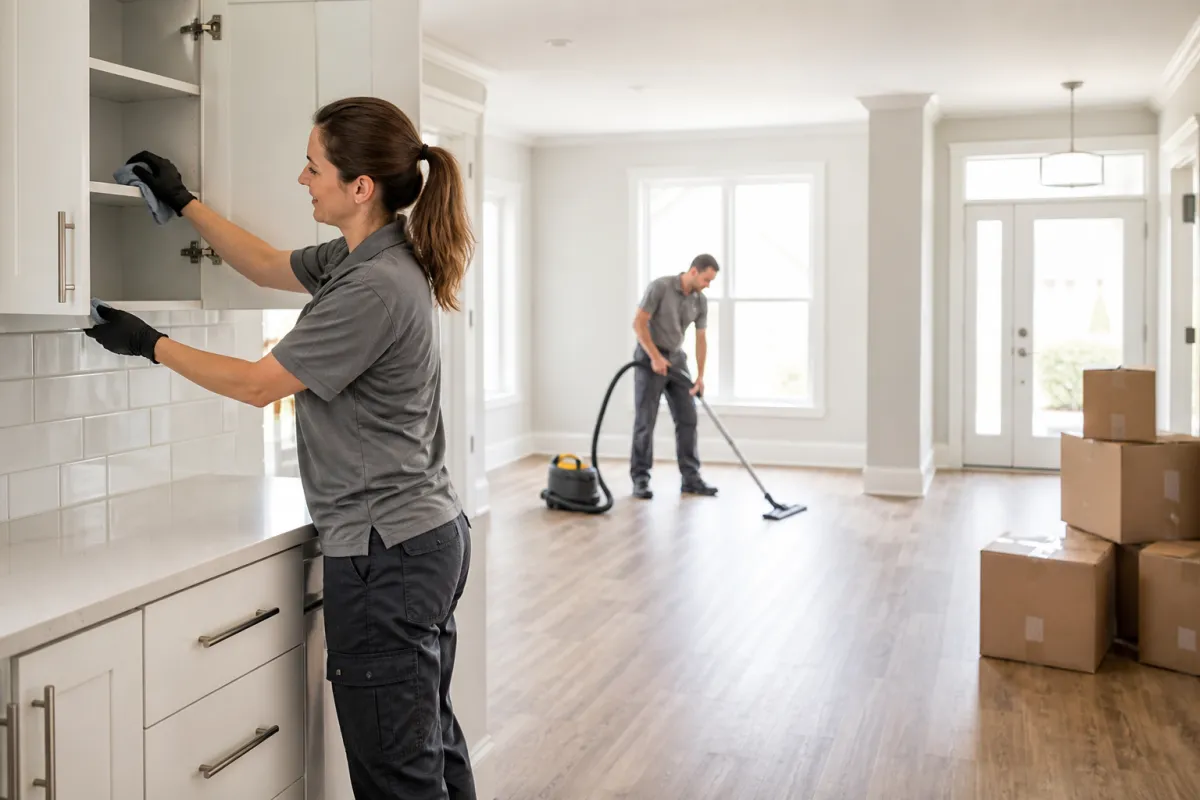 Caucasian professional cleaning team preparing an empty home for move-in or move-out.