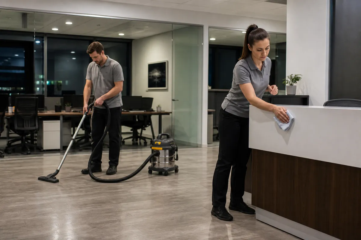 Caucasian professional cleaning team providing light-commercial office cleaning.