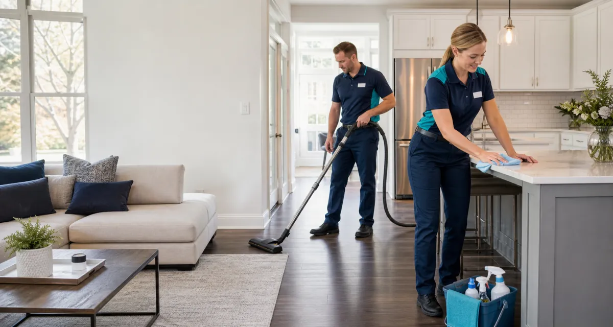 Professional Spotlessly Clean technicians in uniform cleaning a bright modern home.