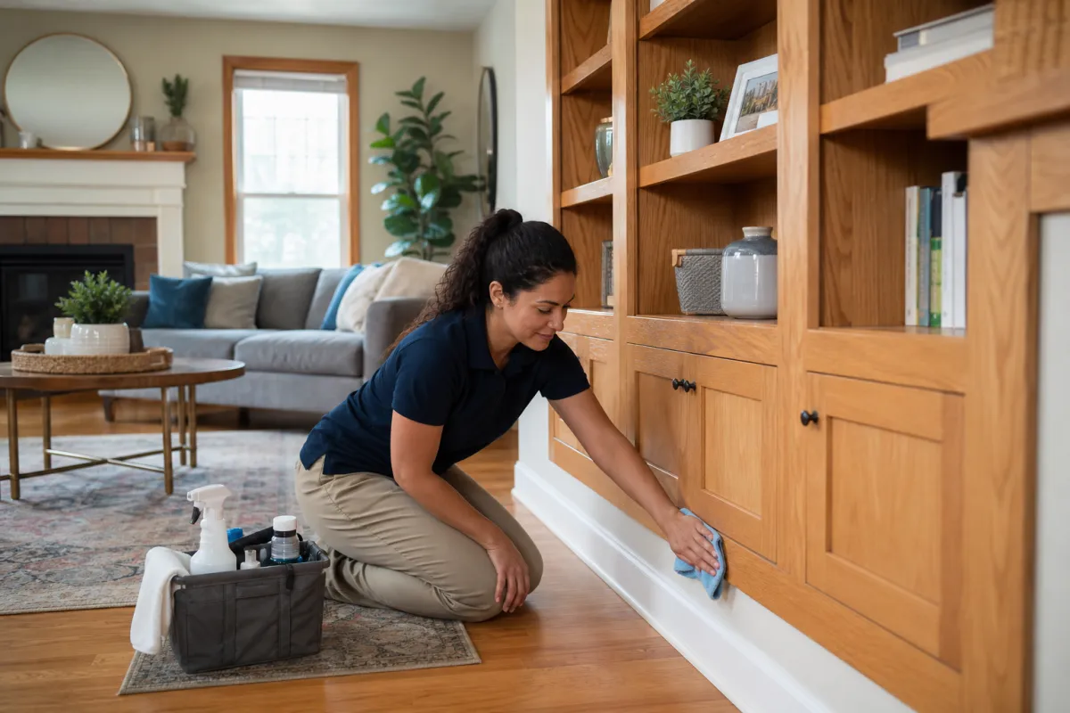 Professional cleaner detail-cleaning shelves and baseboards in a bright living room.