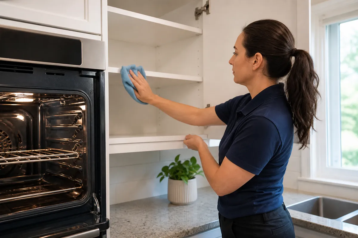 Professional cleaner cleaning inside a kitchen cabinet beside an open oven.