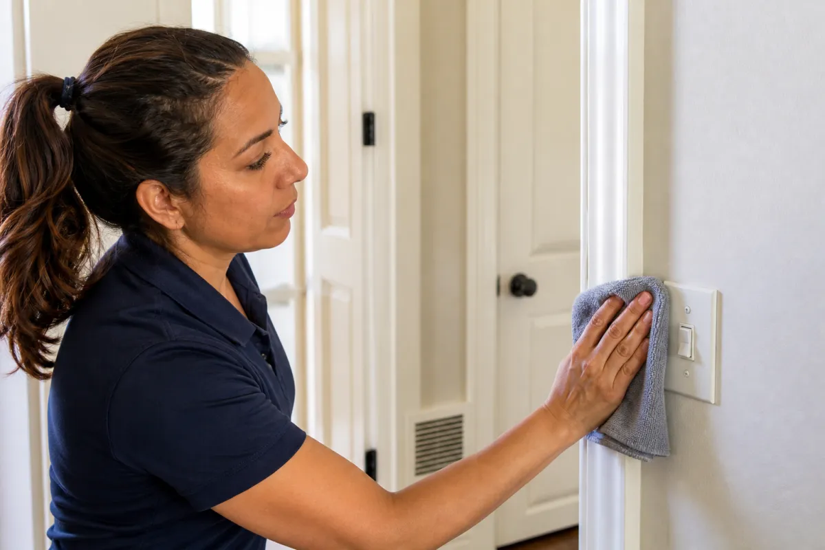 Professional cleaner wiping a light switch, door frame, and trim during a deep clean.