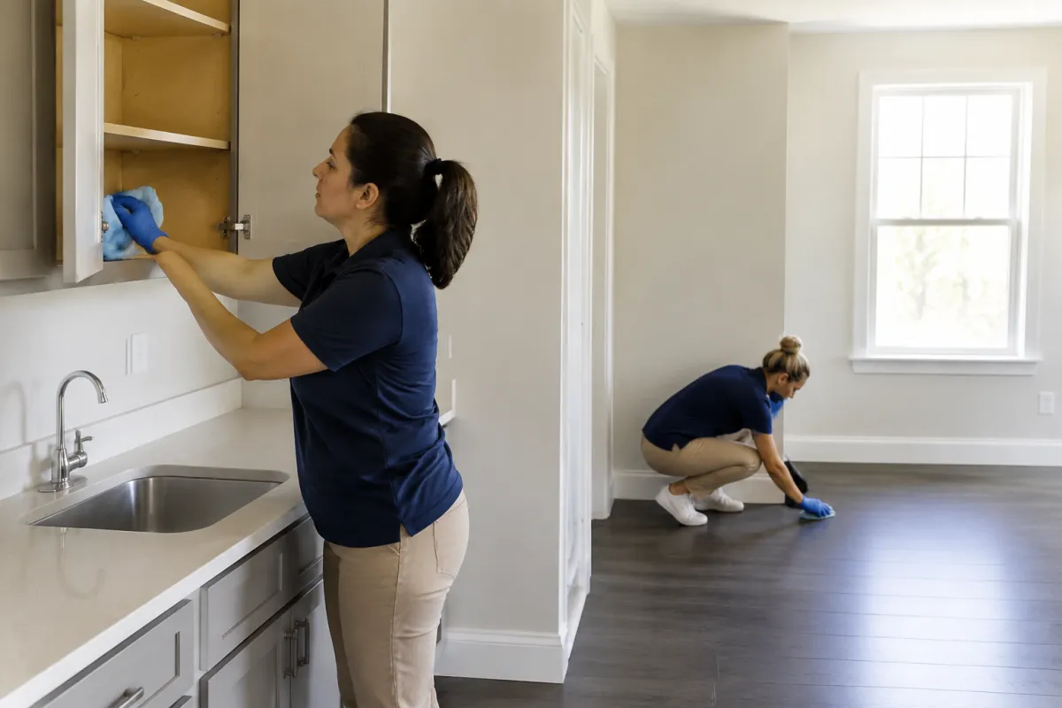 Two professional cleaners detail-cleaning empty cabinets, baseboards, and floors in a vacant move-in or move-out property.