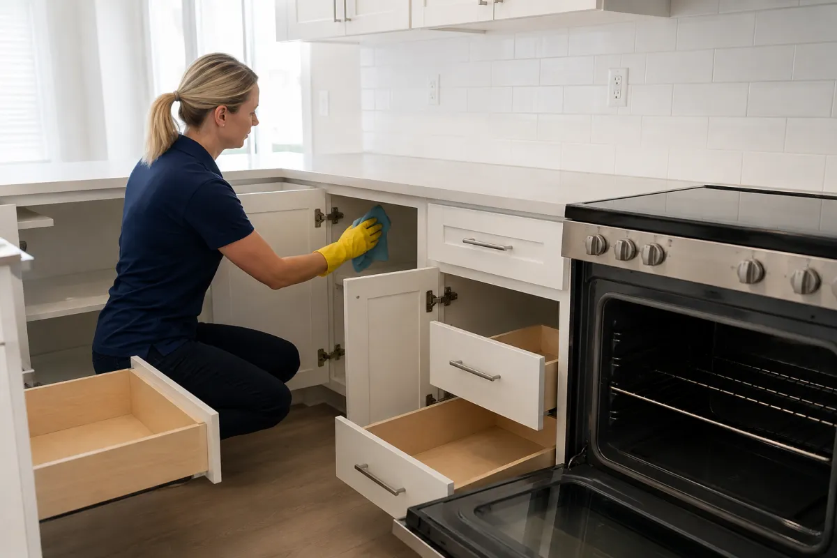 Professional cleaner wiping inside empty kitchen cabinets and drawers beside an open oven during move-out cleaning.
