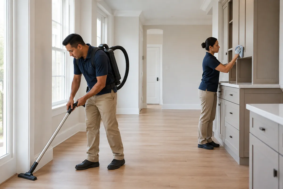 Two professional cleaners removing fine construction dust from cabinetry and floor edges in an empty renovated home.