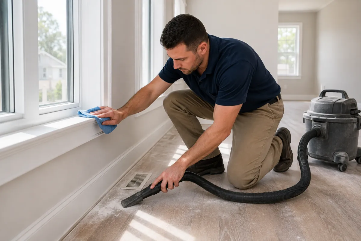 Professional cleaner removing fine drywall dust from a window sill, vent, baseboards, and floor edges in a renovated room.