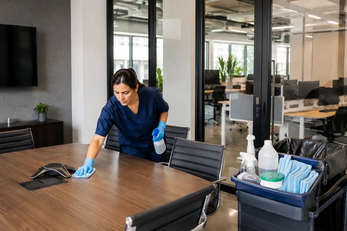 Professional commercial cleaner disinfecting a conference table in a furnished office workspace.