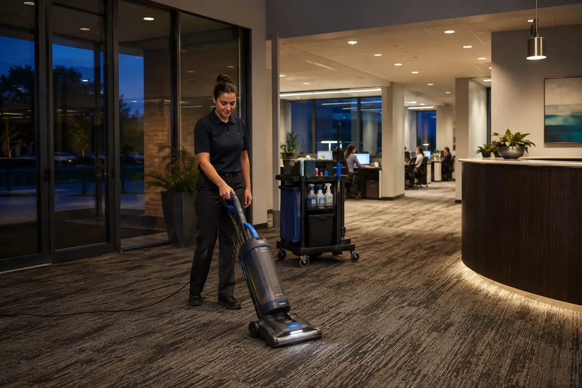 Commercial cleaner vacuuming a furnished office lobby and entrance during an evening service visit.