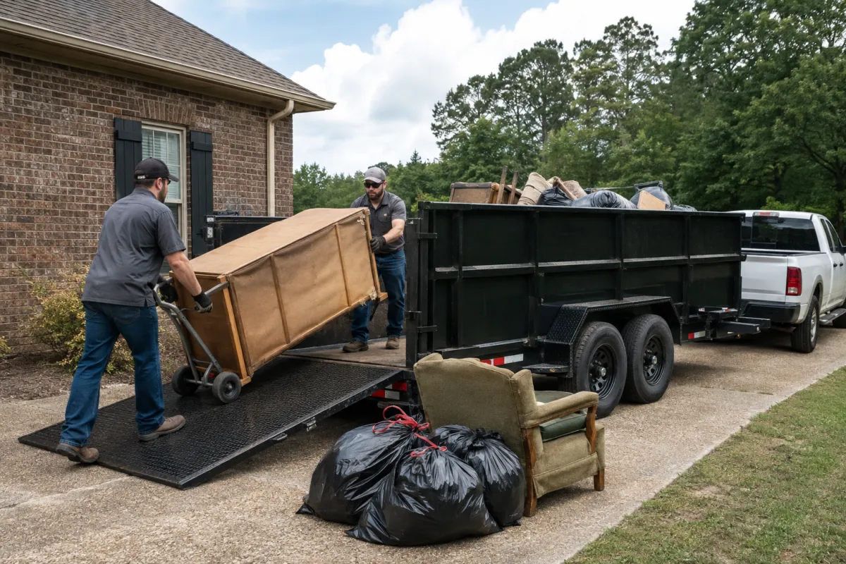 Property cleanout crew loading a large unwanted dresser into an open-top dump trailer using a lowered rear ramp.