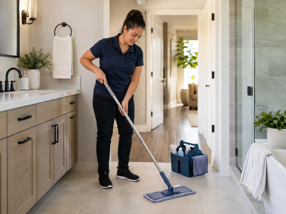 Professional cleaner mopping a bathroom floor during scheduled home maintenance cleaning.