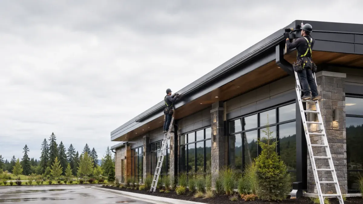 Modern Renton commercial building with professional installers adding oversized box gutters and commercial-grade downspouts.