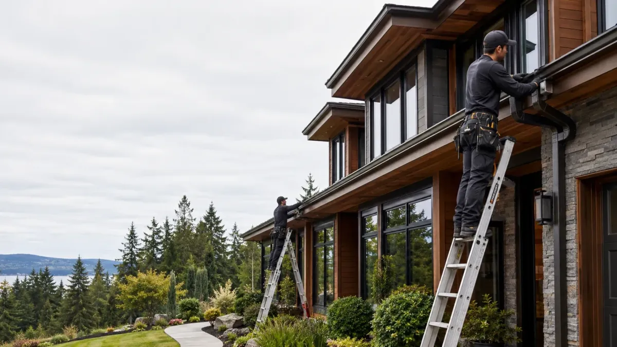 Modern Renton home with craftsmen installing premium aluminum gutters, concealed hangers, and oversized downspouts under soft overcast daylight.