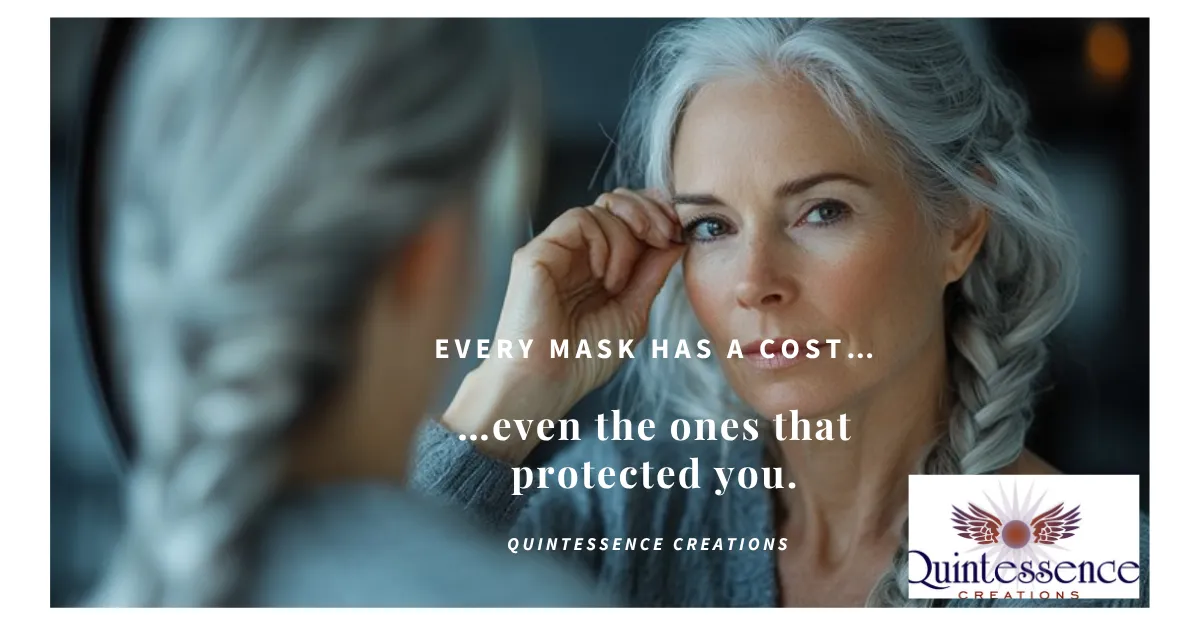 Woman with closed eyes and floating masks symbolizing the hidden cost of living out of alignment with soul identity