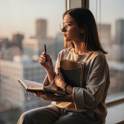 woman looking out window to gain perspective