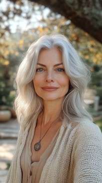 A confident woman standing in warm natural light, appearing both strong and compassionate.