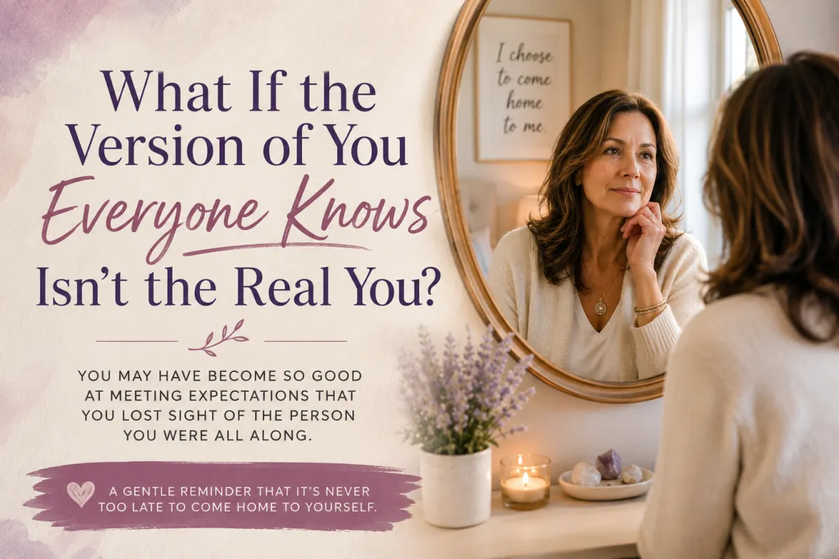 A midlife woman looking thoughtfully at herself in a mirror beside the words “What If the Version of You Everyone Knows Isn’t the Real You?”