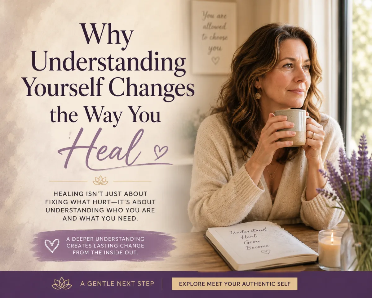 A thoughtful midlife woman journaling beside a sunny window with the words “Why Understanding Yourself Changes the Way You Heal.”
