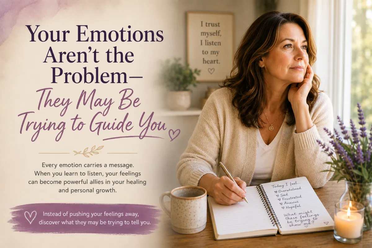 A thoughtful midlife woman journaling beside a window with the words “Your Emotions Aren’t the Problem—They May Be Trying to Guide You.”