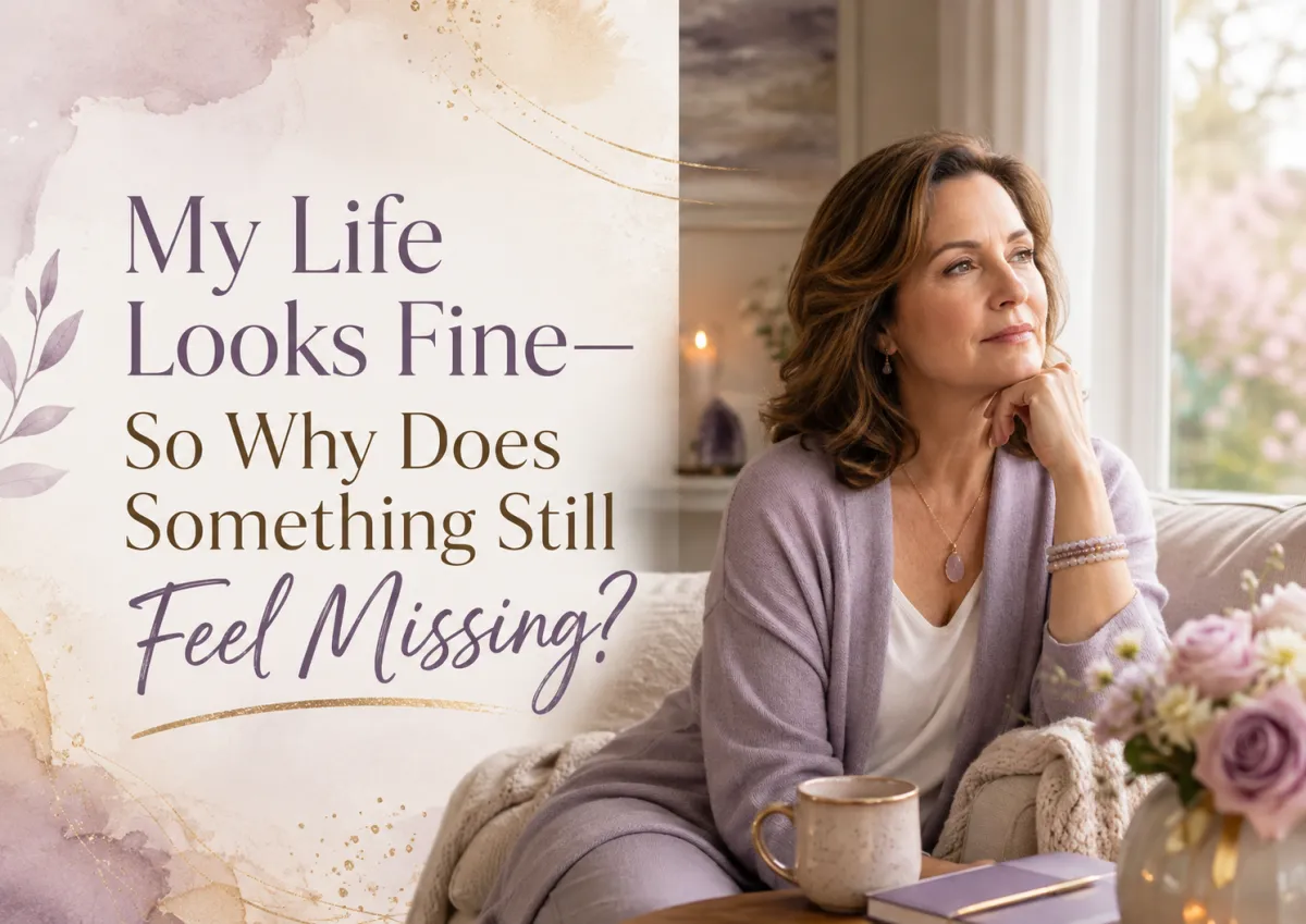 Midlife woman reflecting on a peaceful life while sensing that something is missing, representing questions about fulfillment, identity, and reconnecting with herself.