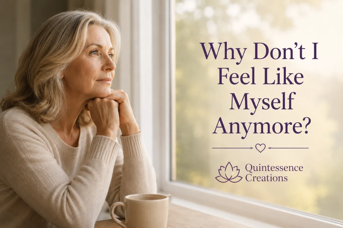Midlife woman reflecting on a peaceful life while sensing that something is missing, representing questions about fulfillment, identity, and reconnecting with herself.