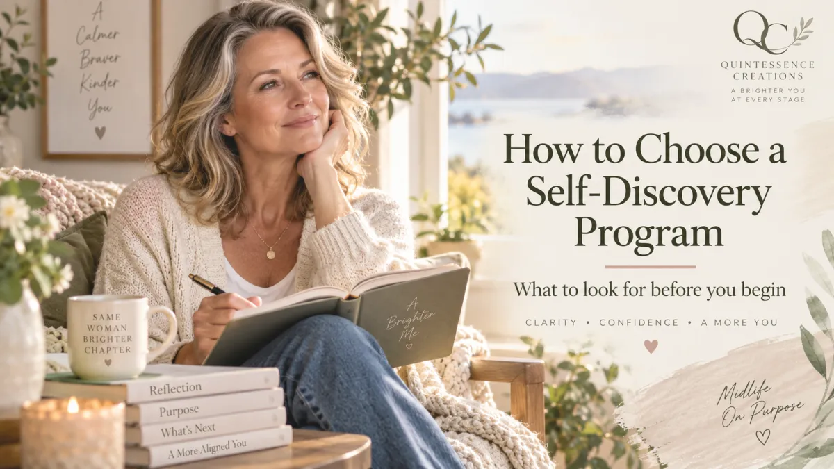Midlife woman reflecting while choosing a self-discovery program