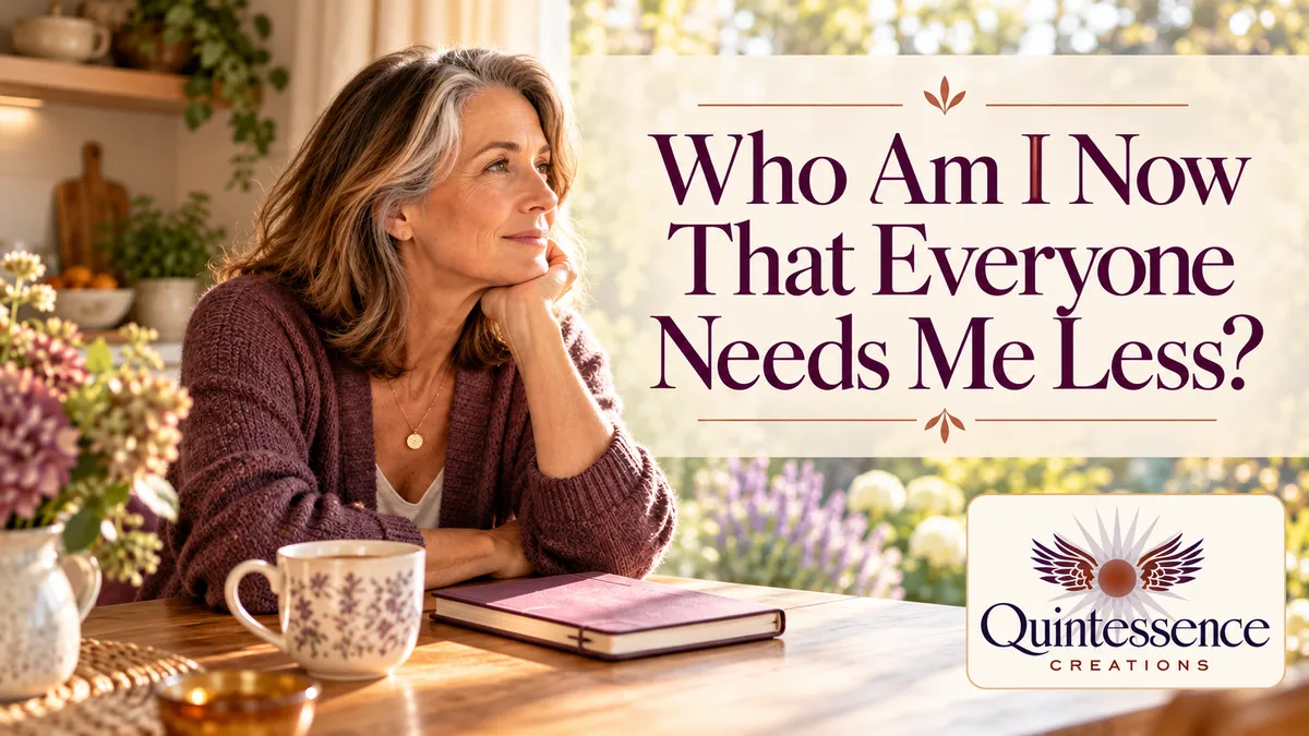 A woman reflecting at a kitchen window beside the title “Who Am I Now That Everyone Needs Me Less?” and the Quintessence Creations logo.