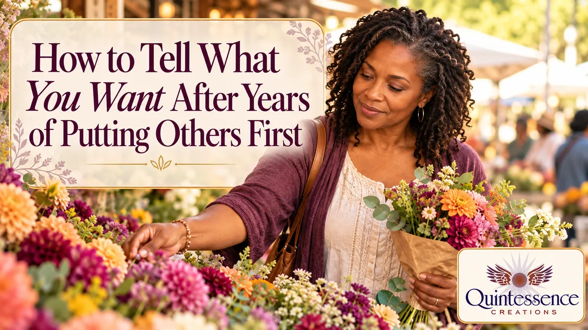 A woman choosing flowers at a market beside the title “How to Tell What You Want After Years of Putting Others First” and the Quintessence Creations logo.