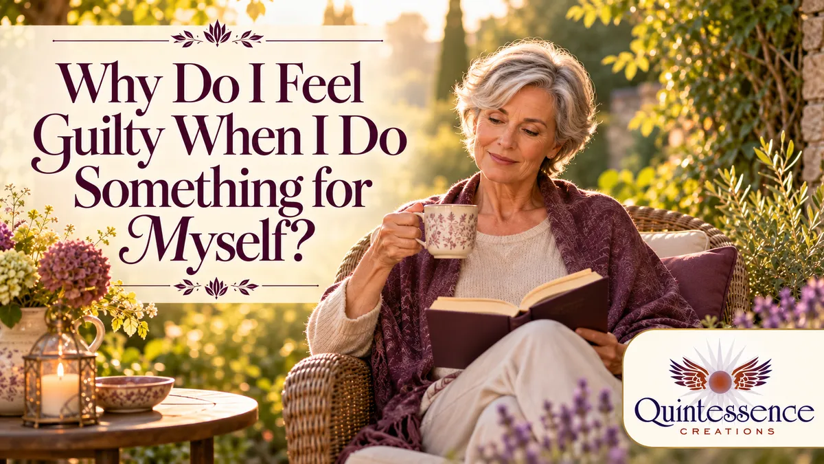 A woman reading in a garden with tea beside the title “Why Do I Feel Guilty When I Do Something for Myself?” and the Quintessence Creations logo.