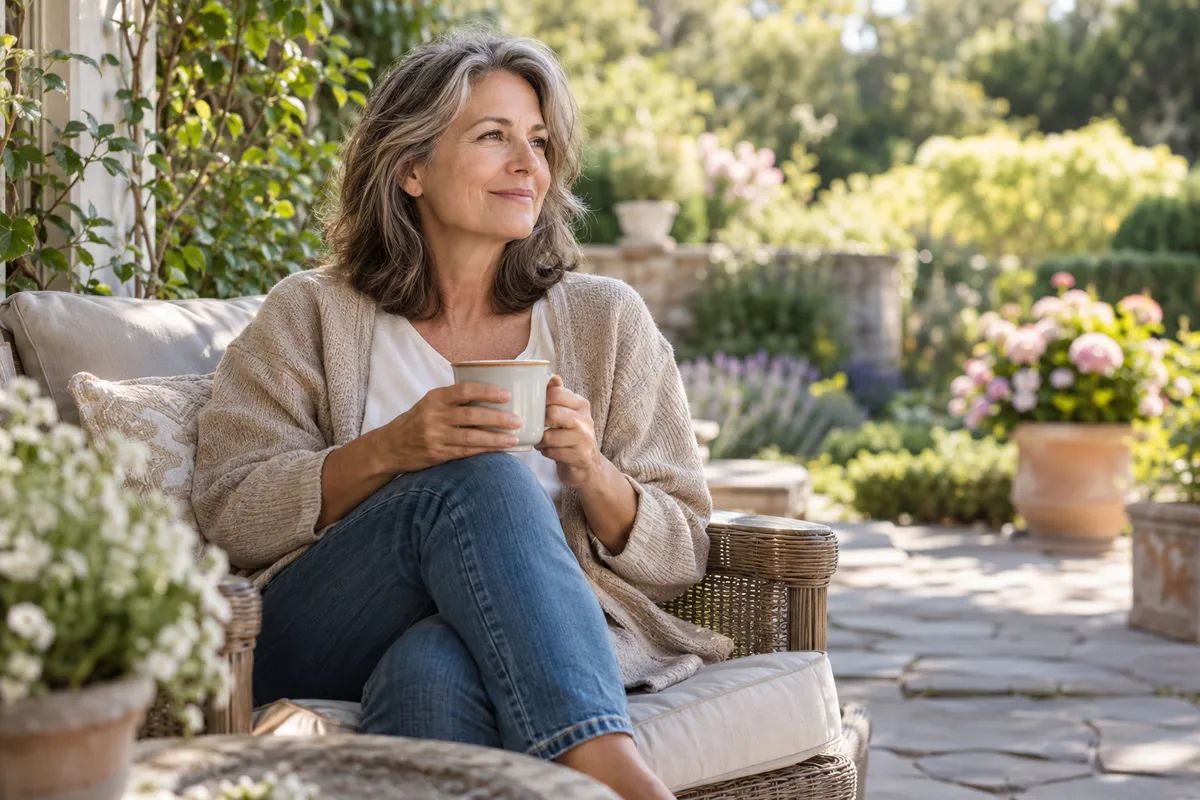 a woman in her 50s, relaxed and at ease, alone with a cup of coffee or outdoors, looking content rather than "transformed."