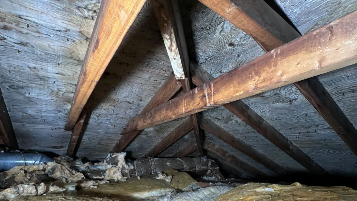 Residential attic with exposed roof rafters, insulation, and a flexible HVAC duct run along the floor