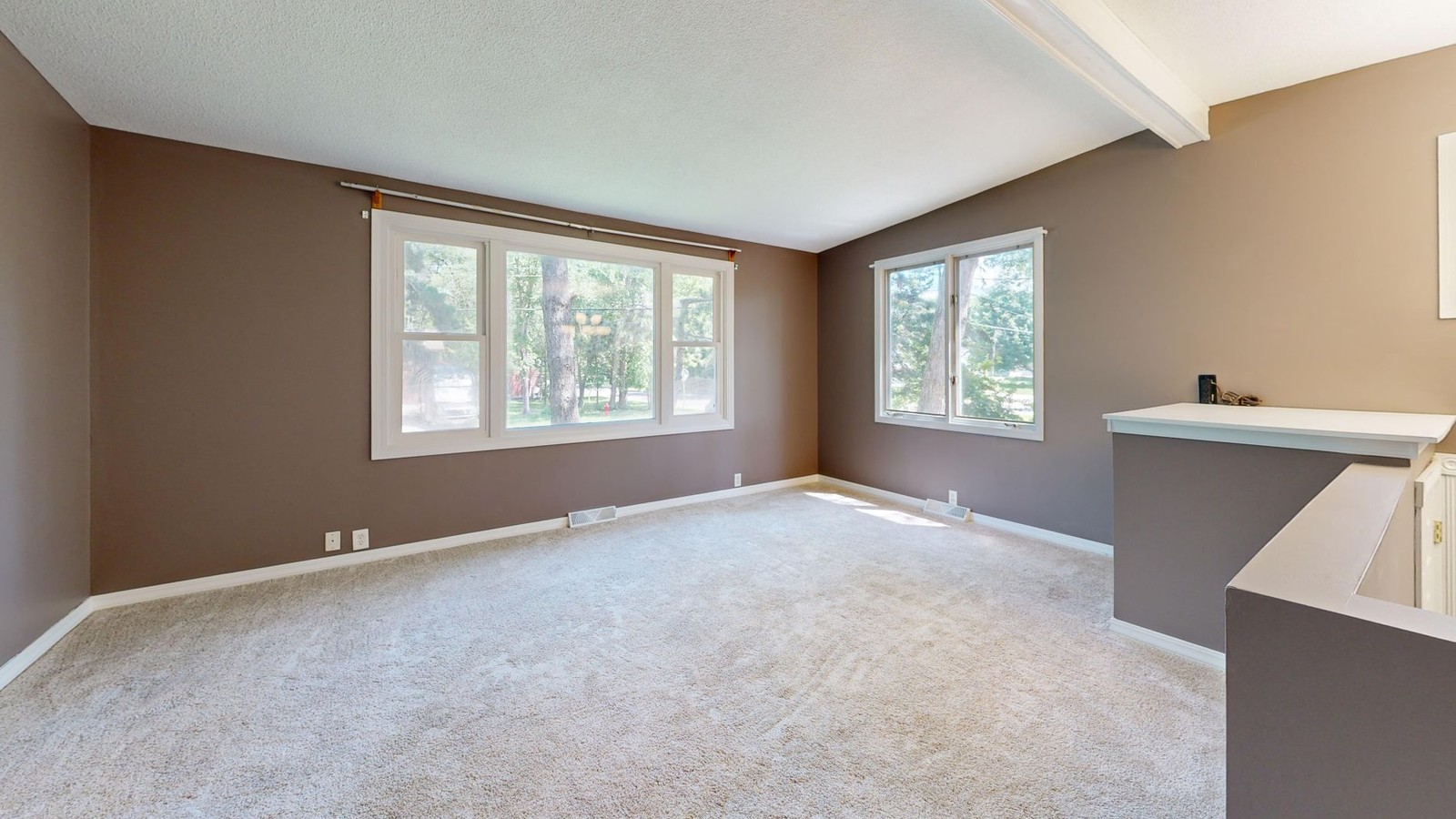 Empty carpeted living room with bare walls and sunlit windows in a vacant home