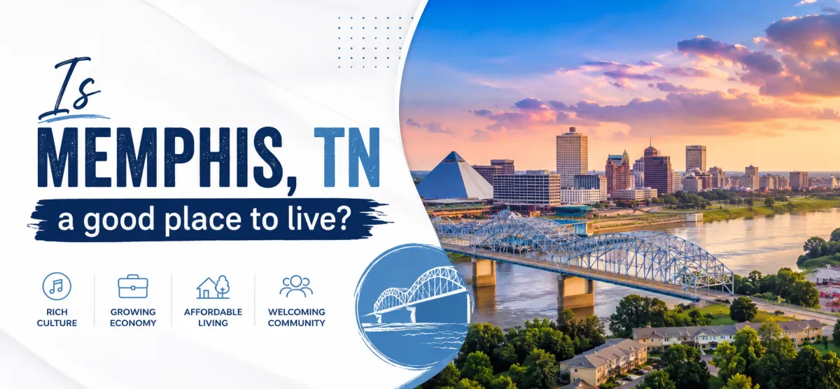 Panoramic view of downtown Memphis skyline at golden hour with Mississippi River