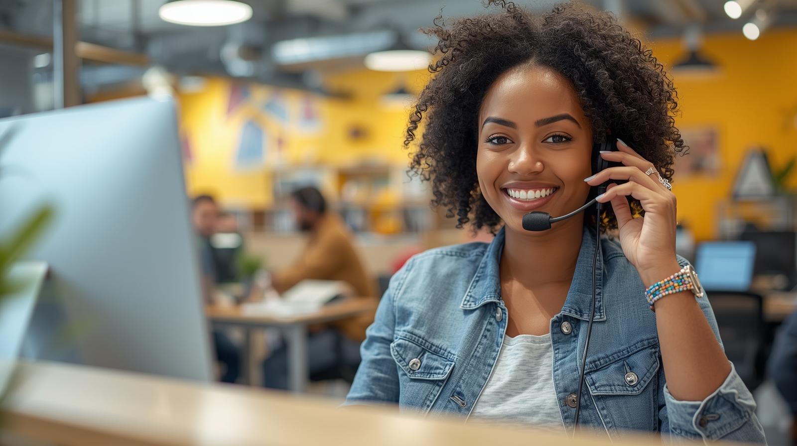 Beaurtiful female voice ai agent with headphones on her head answering cal l,