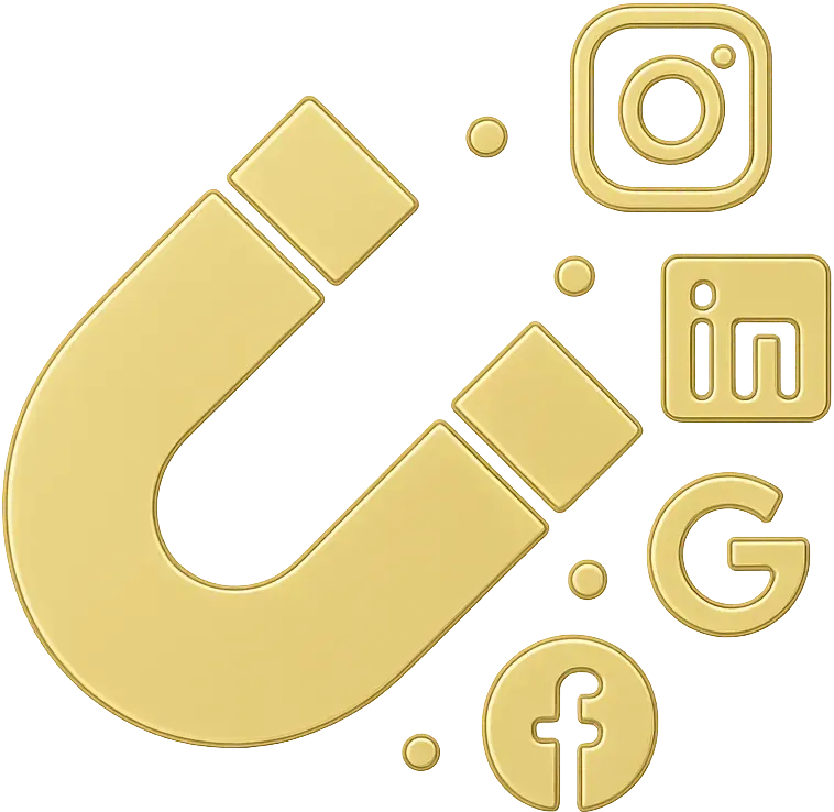 Icon: Magnet mit Social-Media-Logos – Leads durch Funnels, Landingpages und Social Ads anziehen