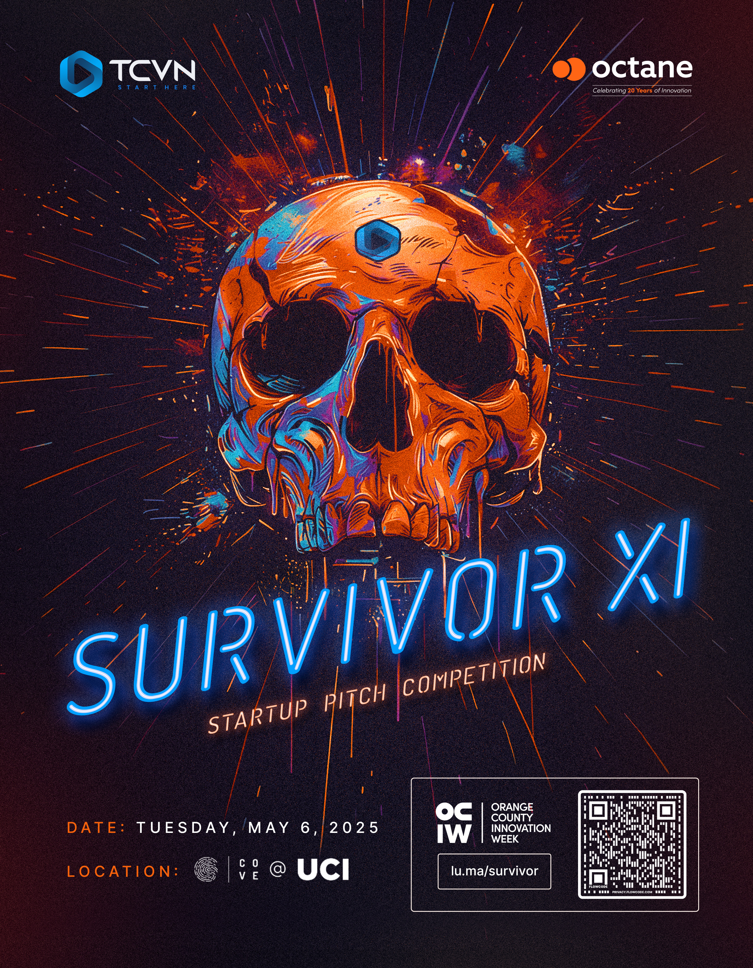 TCVN Survivor XI Startup Pitch Competition event poster — Tuesday May 6, 2025 at the Cove at UCI, presented by Octane during Orange County Innovation Week