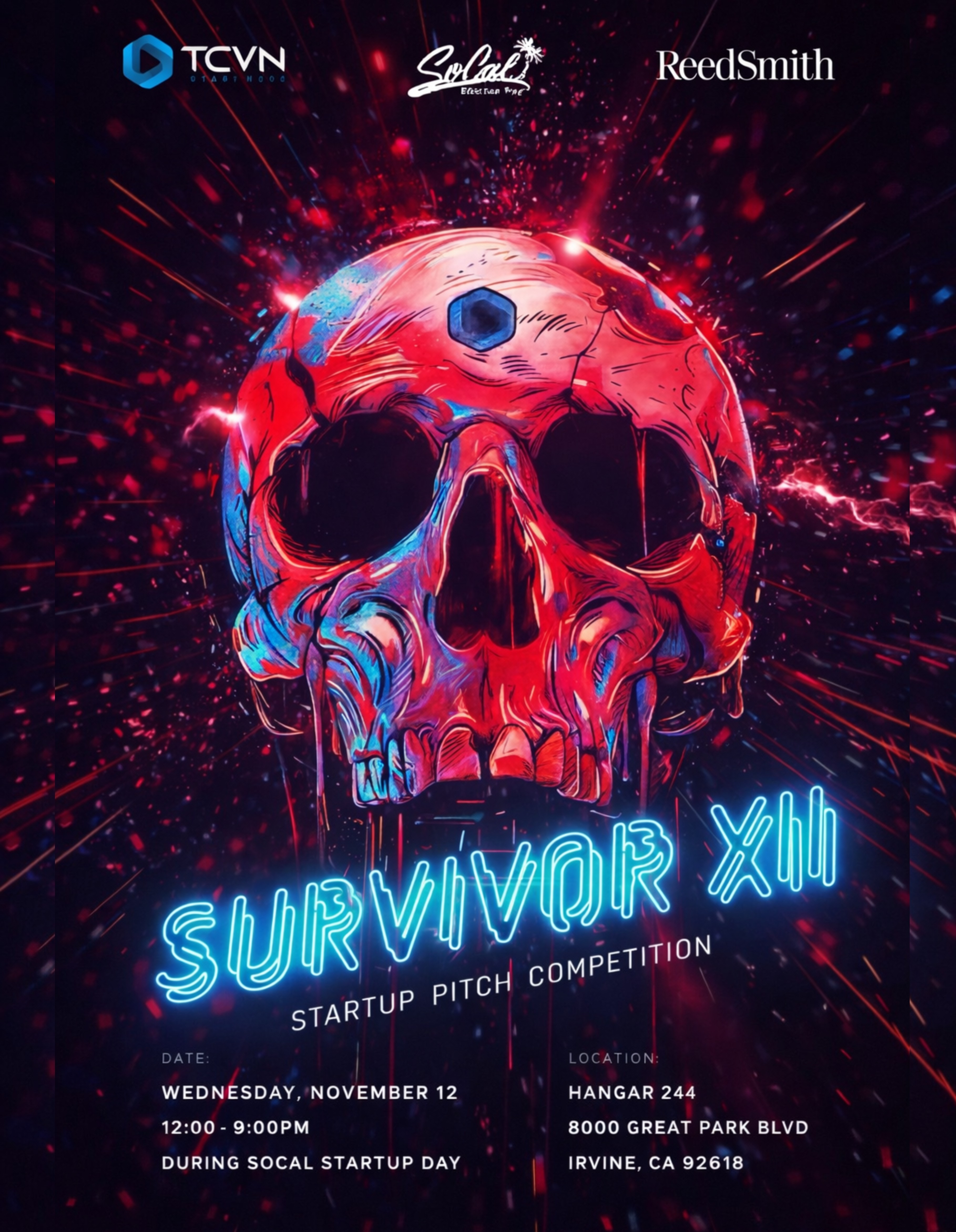 TCVN Survivor XII Startup Pitch Competition event poster — Wednesday November 12, 12:00–9:00pm at Hangar 244, 8000 Great Park Blvd, Irvine CA, during SoCal Startup Day, presented by SoCal and ReedSmith