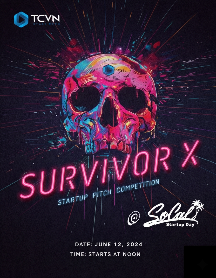 TCVN Survivor X Startup Pitch Competition event poster — June 12, 2024 at SoCal Startup Day, starting at noon