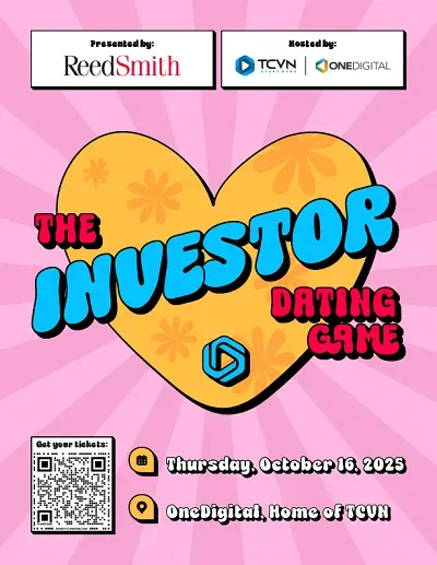 The Investor Dating Game™ event poster — Thursday October 16, 2025 at OneDigital, presented by ReedSmith and hosted by TCVN and OneDigital during LA Tech Week