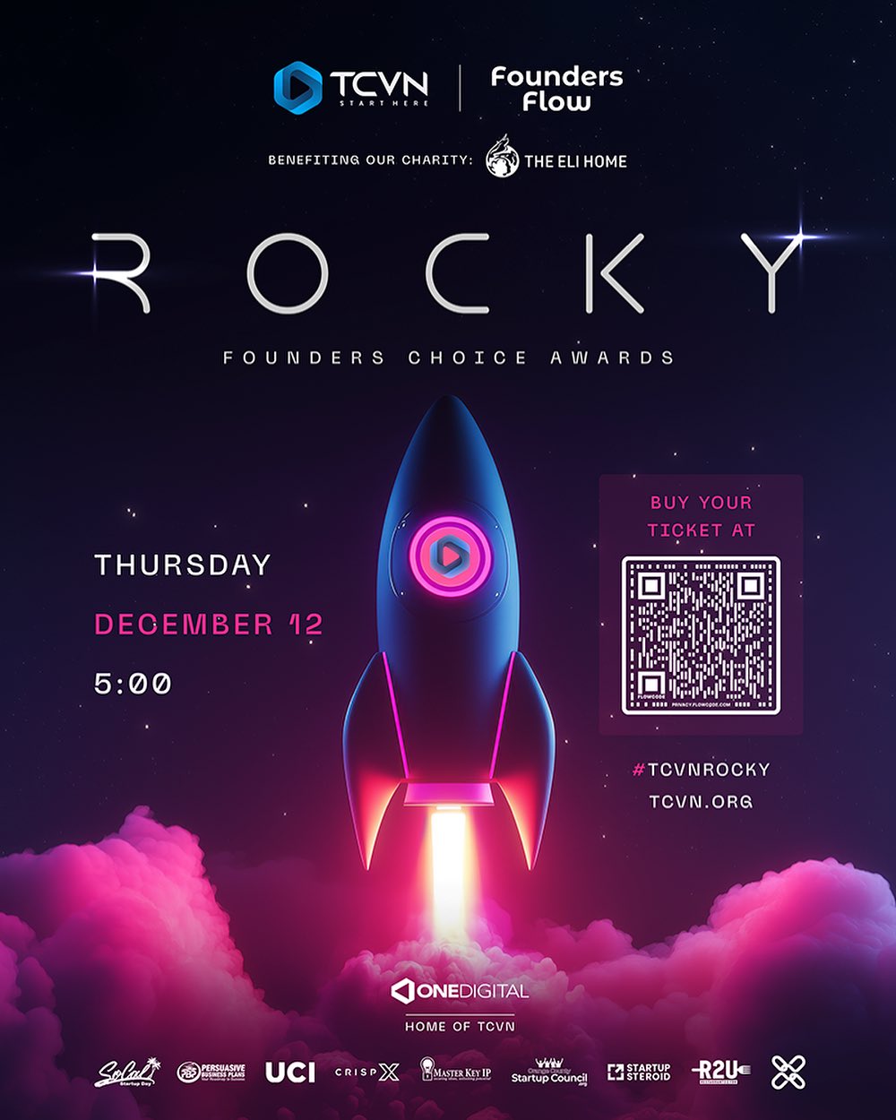 TCVN Rocky 2024 Founders Choice Awards event poster — Thursday December 12 at 5:00pm at OneDigital, Home of TCVN, presented by Founders Flow and benefiting The Eli Home charity, with sponsors SoCal Startup Day, Persuasive Business Plans, UCI, CrispX, Master Key IP, Startup Council, Startup Steroid, R2U, and OneDigital