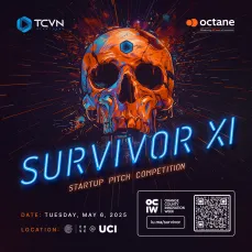 TCVN Survivor XI Startup Pitch Competition square event poster — Tuesday May 6 at the Cove at UCI, presented by Octane during Orange County Innovation Week
