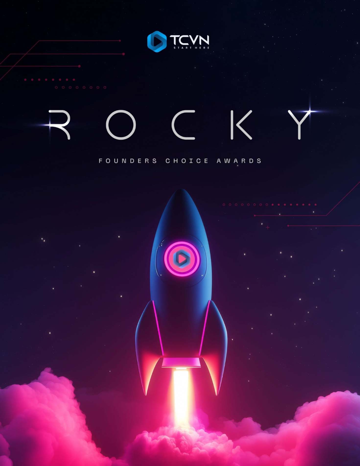 TCVN Rocky Founders Choice Awards promotional poster featuring a glowing rocket launching into a starry night sky