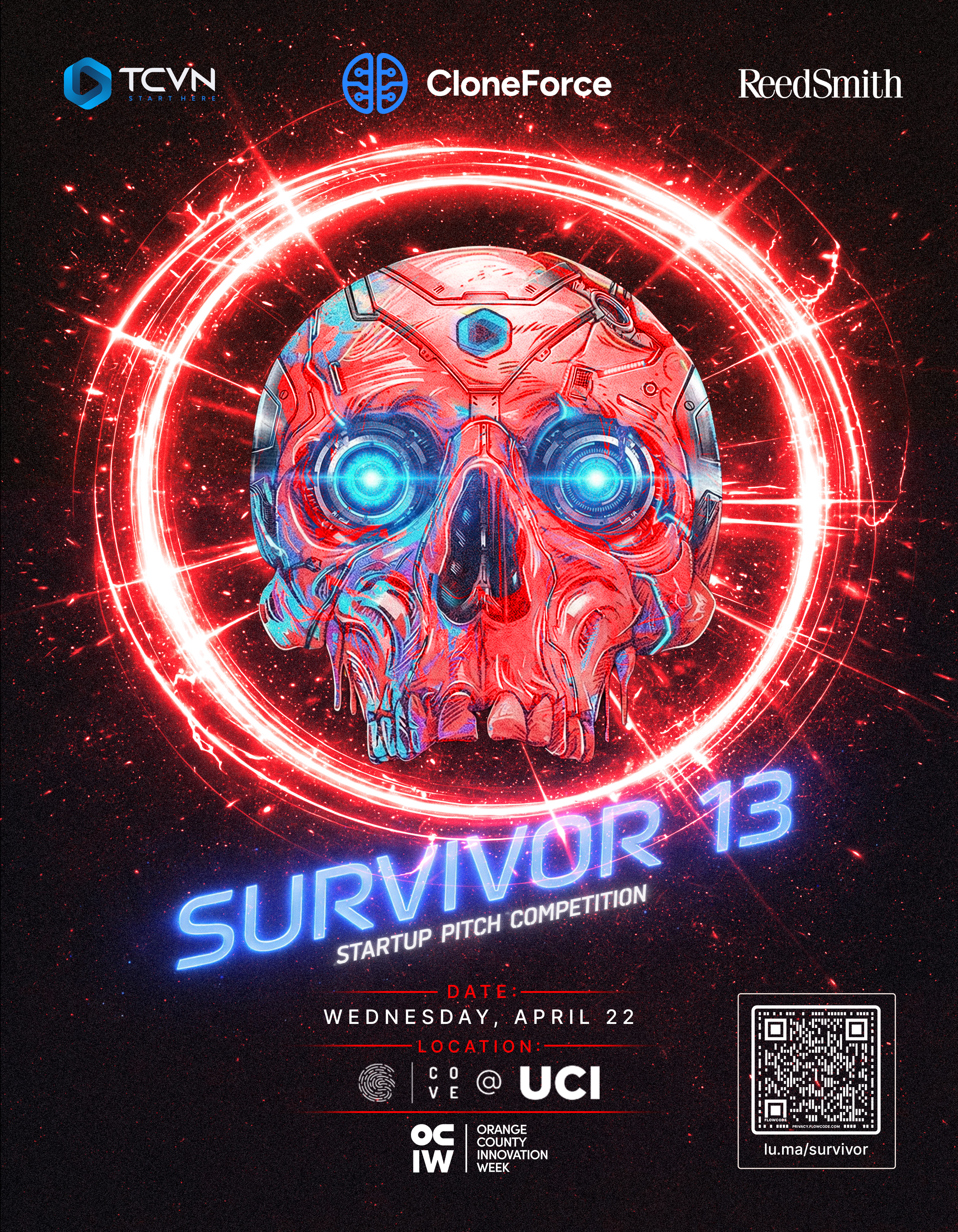 TCVN Survivor XII Startup Pitch Competition event poster — Wednesday November 12, 12:00–9:00pm at Hangar 244, 8000 Great Park Blvd, Irvine CA, during SoCal Startup Day, presented by SoCal and ReedSmith
