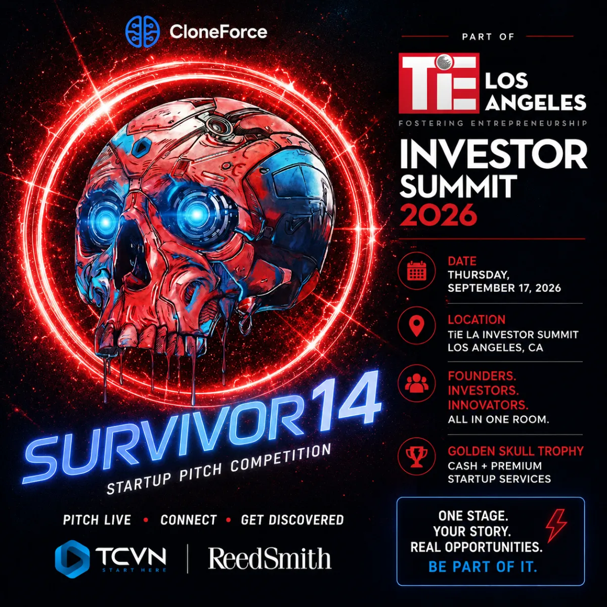 TCVN Survivor 13 Startup Pitch Competition event flyer — Wednesday April 22 at the Cove at UCI, presented by ReedSmith during Orange County Innovation Week