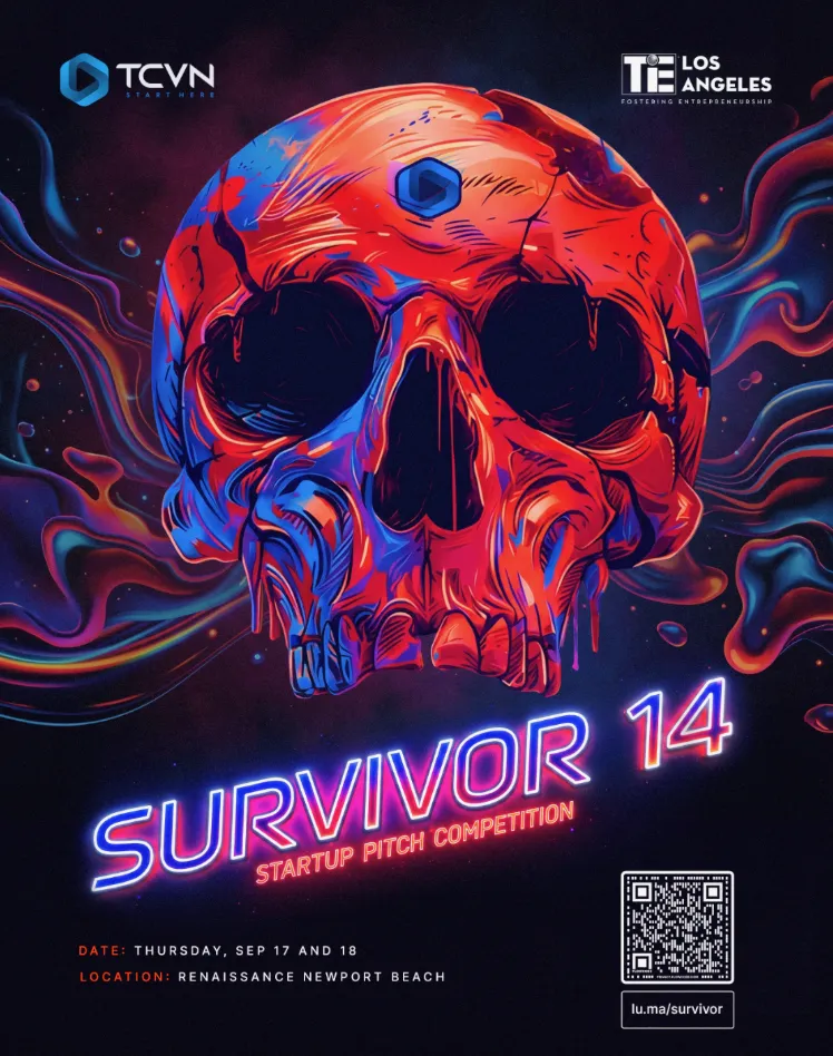 TCVN Survivor 13 Startup Pitch Competition event flyer — Wednesday April 22 at the Cove at UCI, presented by ReedSmith during Orange County Innovation Week