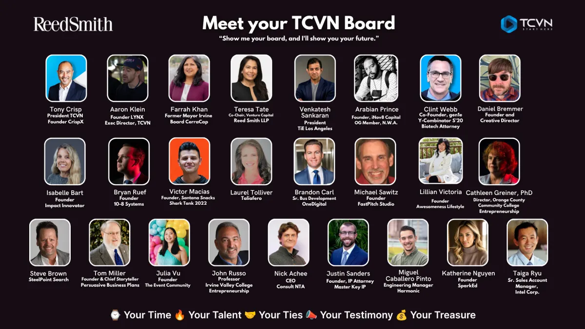 TCVN Board of Directors graphic sponsored by ReedSmith, featuring headshots and titles of 21 board members including entrepreneurs, investors, founders, and educators from Orange County