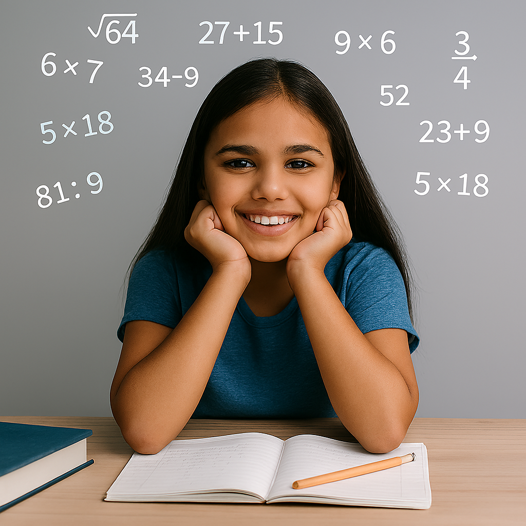Smiling child confidently solving math problems after mastering Vedic Math — showing learning success and clarity.